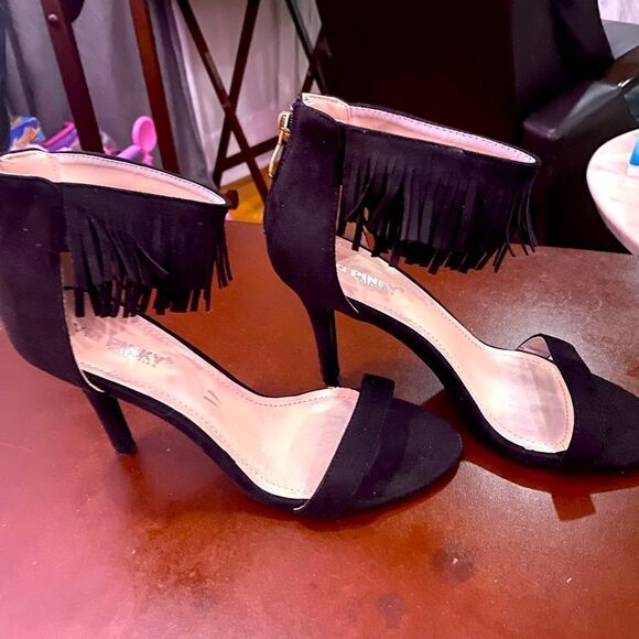 Shoes - Black Faux Suede Open Toe Heels with Back Zipper and Ankle Strap
